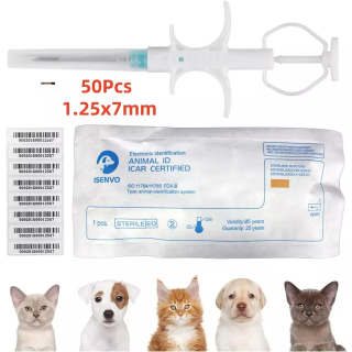 50 Packs, 1.25x7mm ISENVO Pet Microchips 134.2khz Registration Animal Implant Chip FDX-B Pet ID Microchip for Pet Dog Cat Cow Pig Rabbit Pigeon Fish